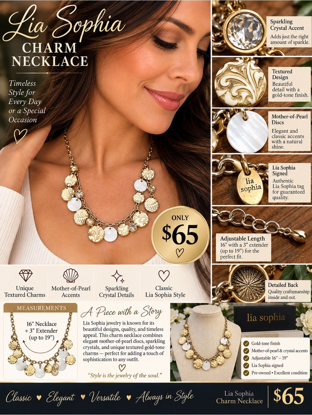 Lia Sophia Gold-Tone Mother-of-Pearl and Crystal Charm Necklace